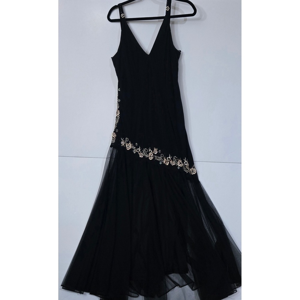 R&M Richards Gown Women 18W Black Floral Beaded Sequin Mesh Formal Evening Dress - Picture 2 of 9